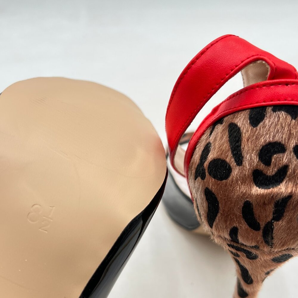 Leopard Print Red Ankle-Strap Stiletto Sandals - Picture 5 of 7